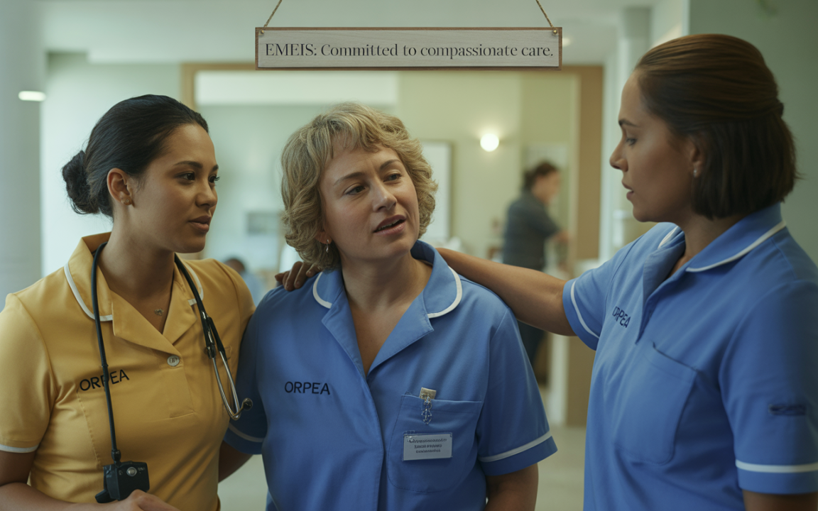 Trois infirmières discutent dans un environnement de soins, avec une pancarte indiquant "EMEIS : Engagé pour des soins compassionnels".