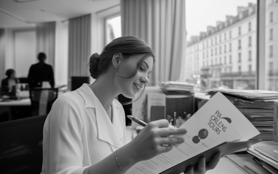 Femme souriante en blouse blanche, feuilletant un document au bureau avec vue sur la rue. Ambiance professionnelle en noir et blanc.