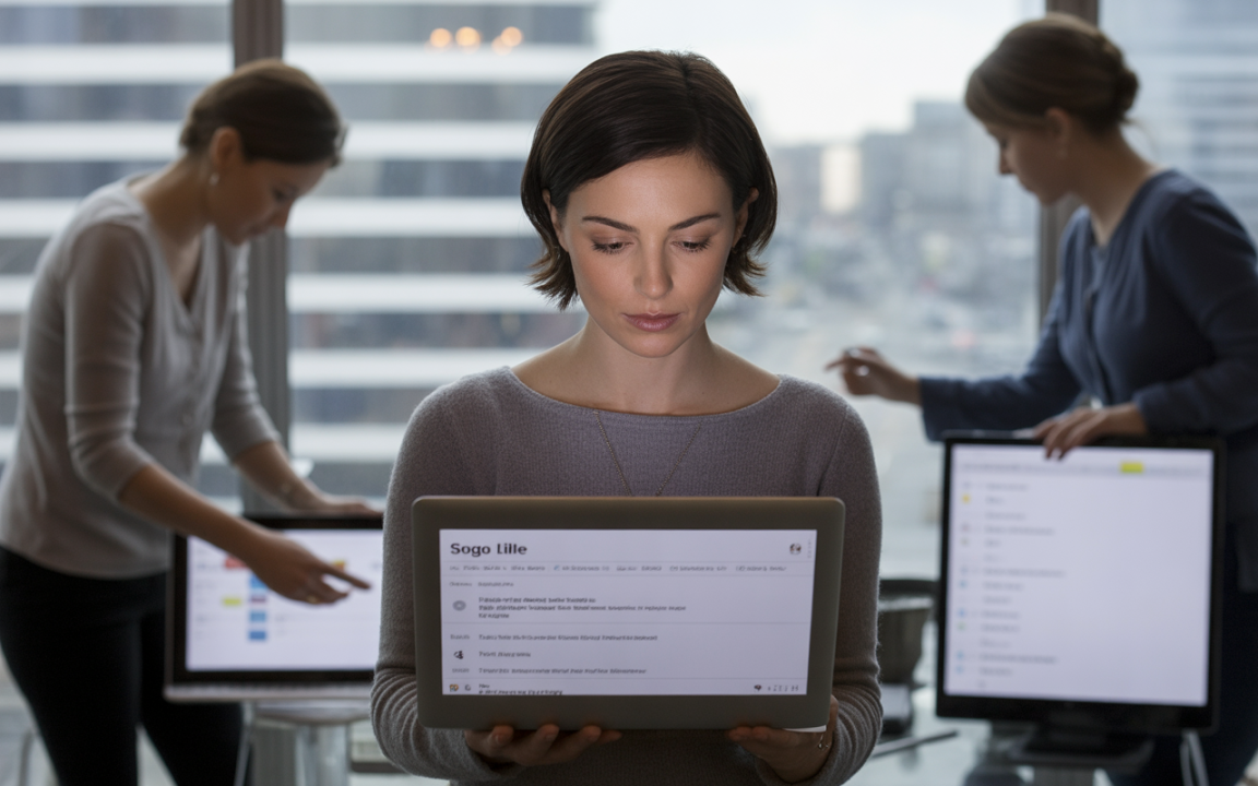 Une femme concentre son attention sur un ordinateur portable, tandis que d'autres personnes travaillent sur des appareils en arrière-plan.