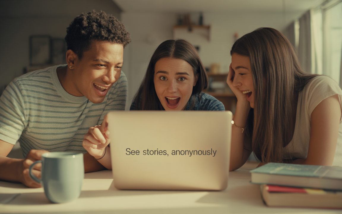Trois jeunes adultes s'enthousiasment devant un ordinateur portable, avec une tasse devant eux et des livres à côté. Texte sur l'écran : "See stories, anonymously".