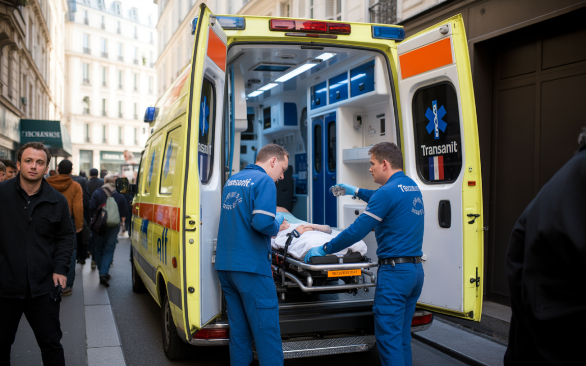 Deux ambulanciers s'occupent d'un patient sur une civière dans une ambulance, tandis qu'une foule observe dans la rue.
