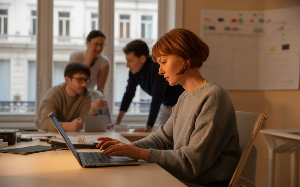 Une femme travaille sur un ordinateur portable pendant qu'un groupe discute en arrière-plan dans un bureau lumineux.