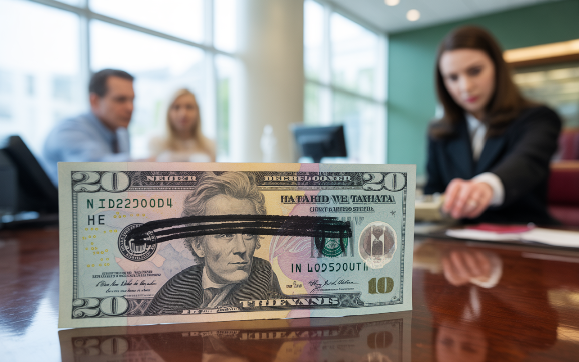 Un billet de 20 dollars avec une marque noire, au premier plan, devant des personnes en discussion dans un bureau.