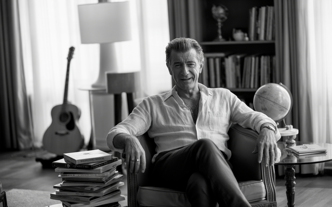 Homme souriant assis dans un fauteuil, entouré de livres, guitare, lampe et globe terrestre dans un intérieur lumineux en noir et blanc.