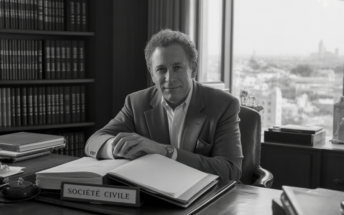 Homme en costume assis à un bureau, avec des livres en arrière-plan et une vue sur la ville. Écriteau "Société Civile" sur le bureau.