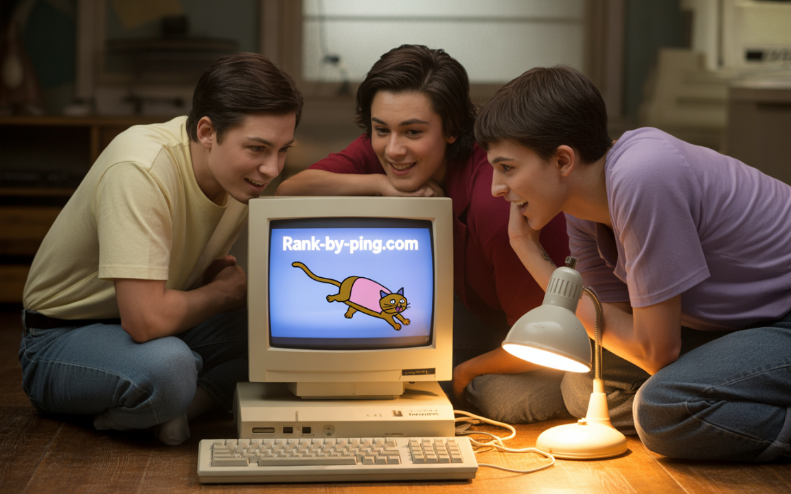 Trois adolescents s'agenouillent autour d'un vieil ordinateur, fascinés par un site web affichant un dessin animé de chat.