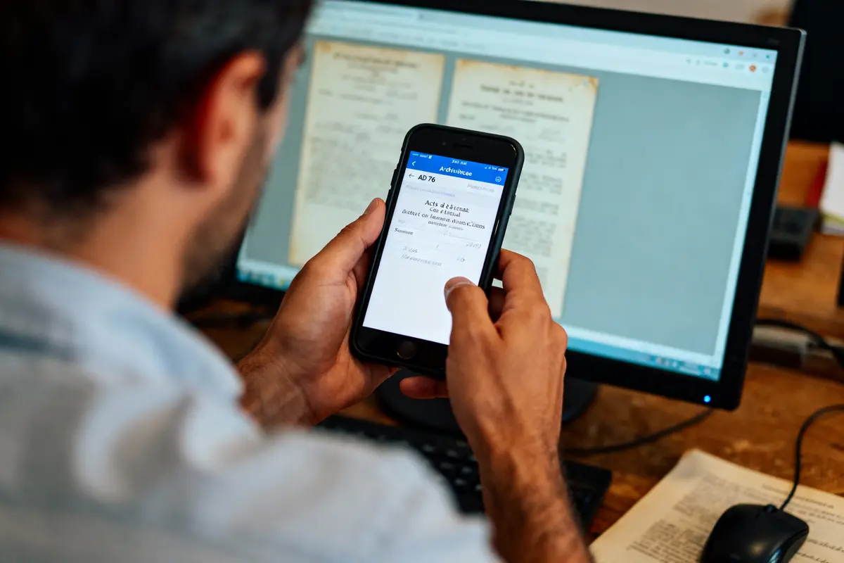 Personne consultant documents archivés sur smartphone et ordinateur, bureau en bois, écran affichant des textes anciens.