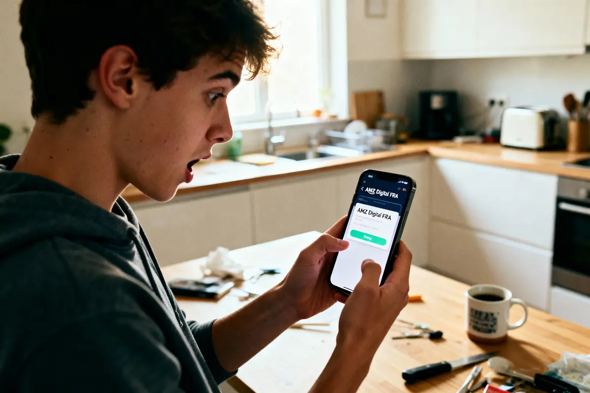 Jeune homme surpris regardant un smartphone dans une cuisine moderne ensoleillée, avec outils et tasse sur table.