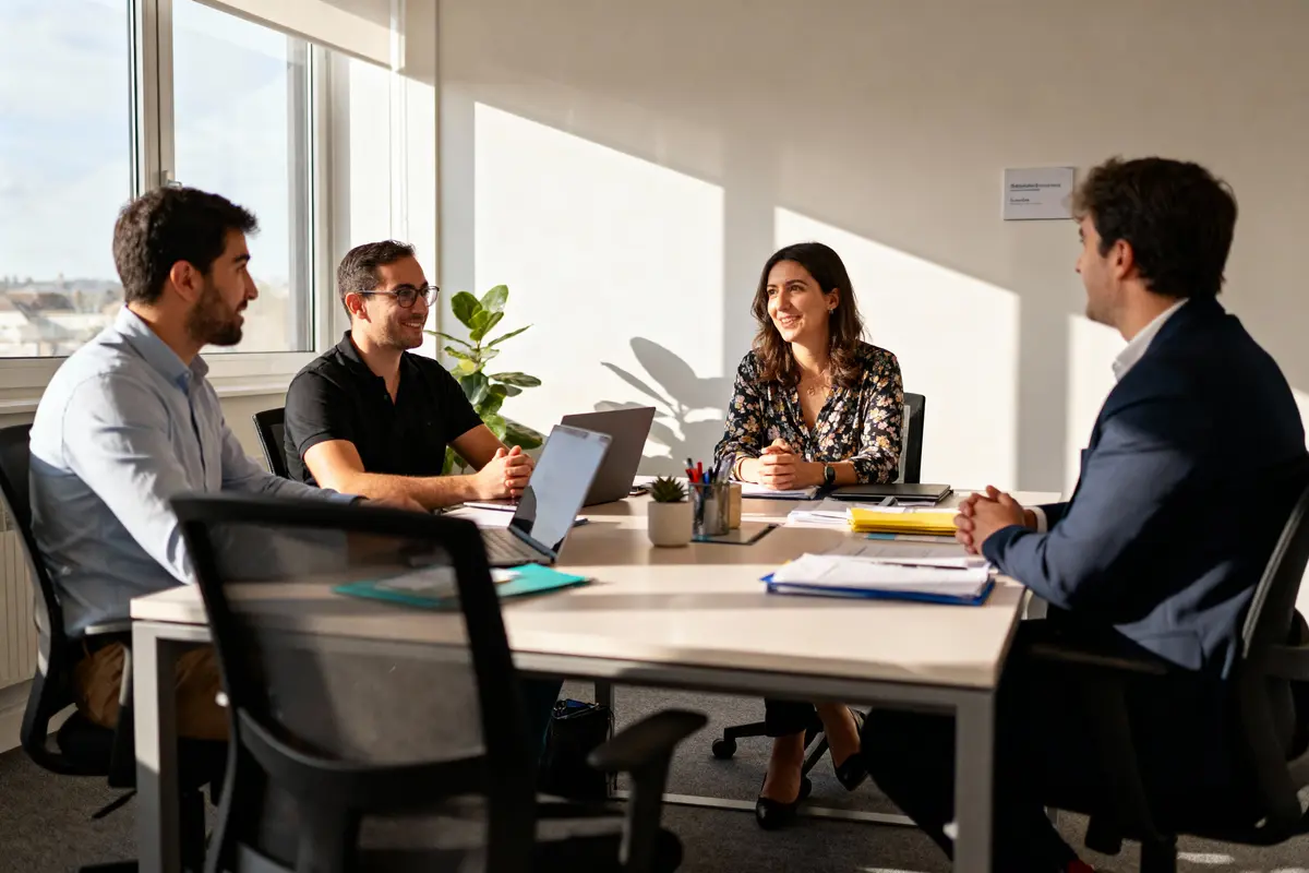 Quatre personnes en réunion professionnelle autour d'une table dans un bureau lumineux.