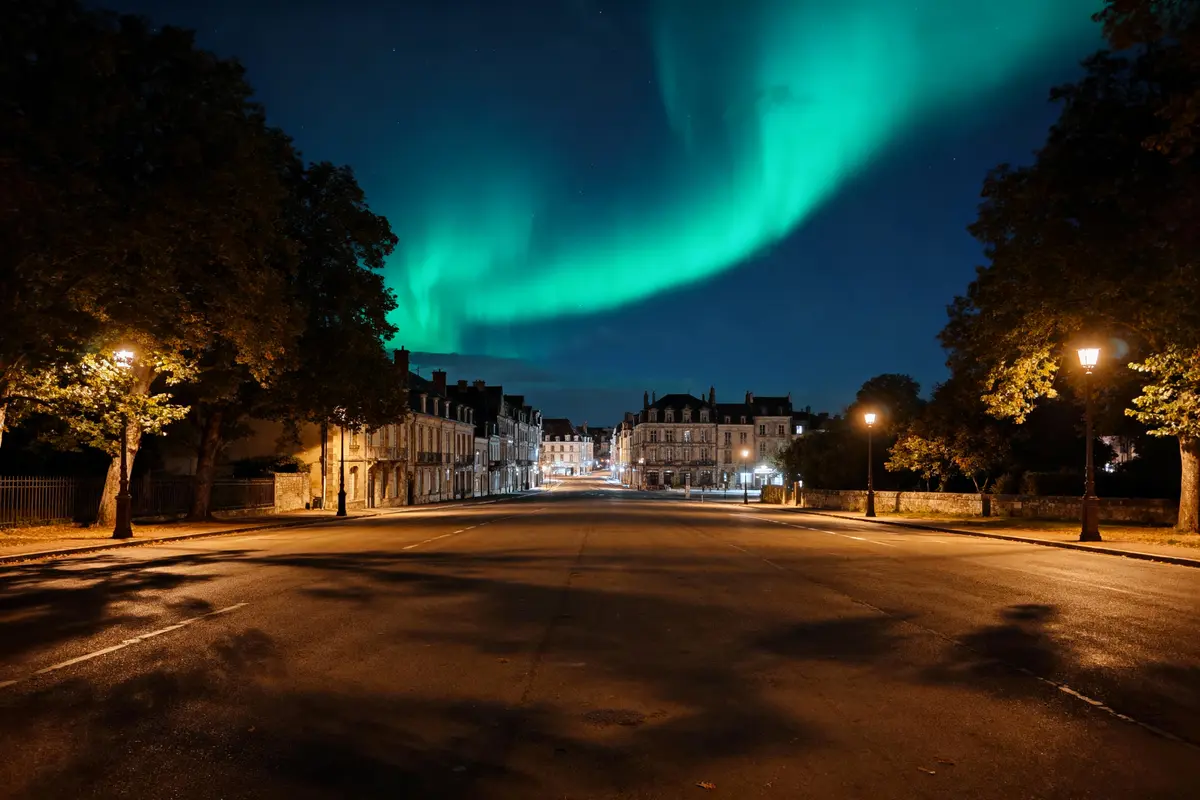 Rue vide la nuit, aurores boréales lumineuses dans le ciel, arbres et bâtiments éclairés par lampadaires.