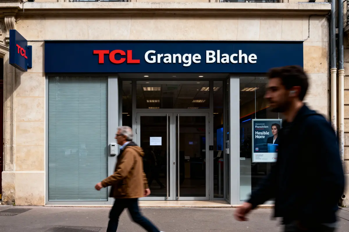 Façade d'une agence TCL Grange Blanche avec passants flous devant l'entrée vitrée et panneau d'affichage.