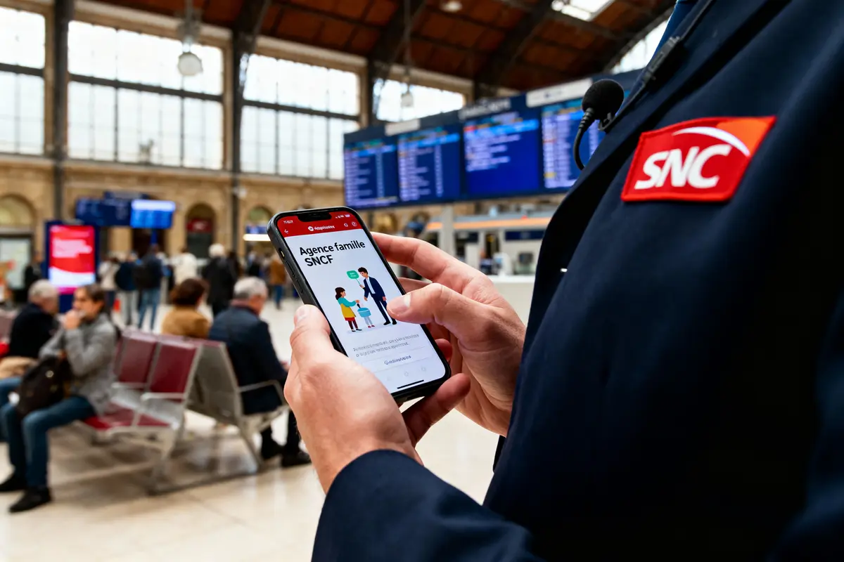 Personne utilisant une application SNCF sur smartphone dans une gare avec panneaux d'affichage électroniques en arrière-plan.