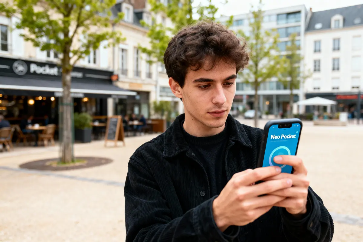 Jeune homme utilisant un smartphone avec l'application "Neo Pocket" dans une rue animée avec cafés en arrière-plan.