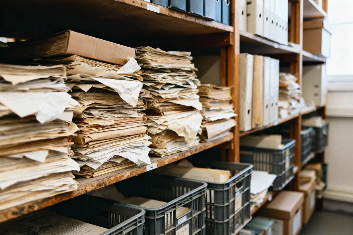 Rayonnage avec piles de dossiers et papiers anciens, rangés dans des boîtes et caisses en plastique.