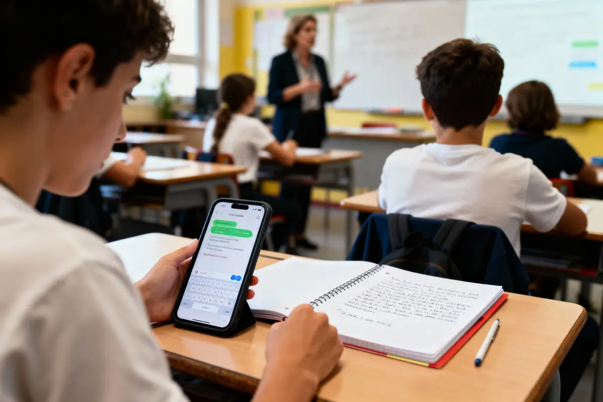 Élève en classe utilise un smartphone, tandis qu'une enseignante parle devant tableau blanc. Autres étudiants assis.