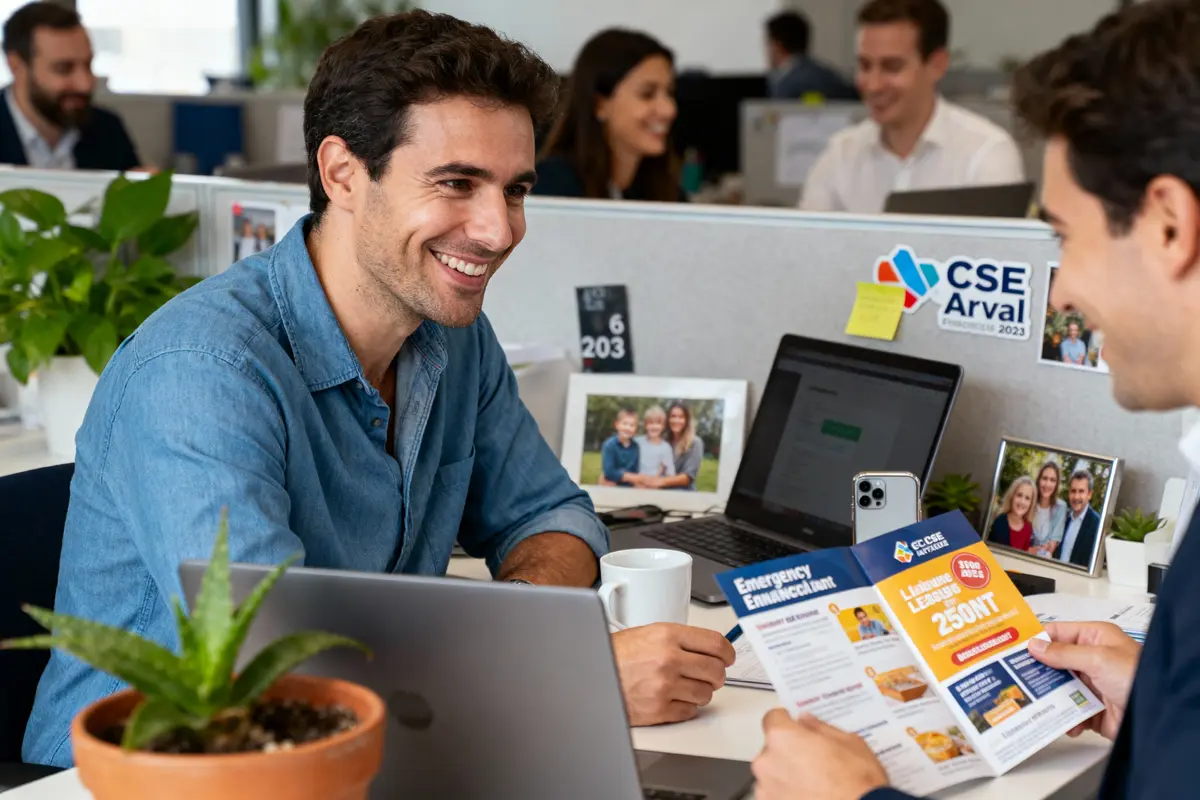 Homme souriant, assis à un bureau avec ordinateur portable, parlant avec un collègue tenant une brochure. Bureau professionnel.
