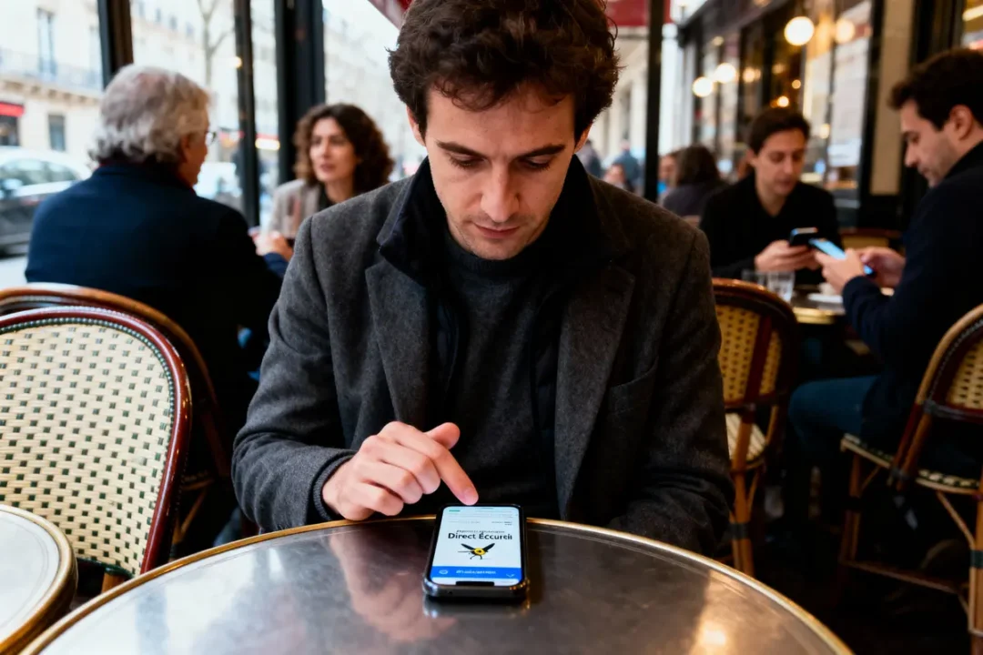 Homme utilisant son smartphone dans un café parisien, table ronde, ambiance détendue et conviviale.