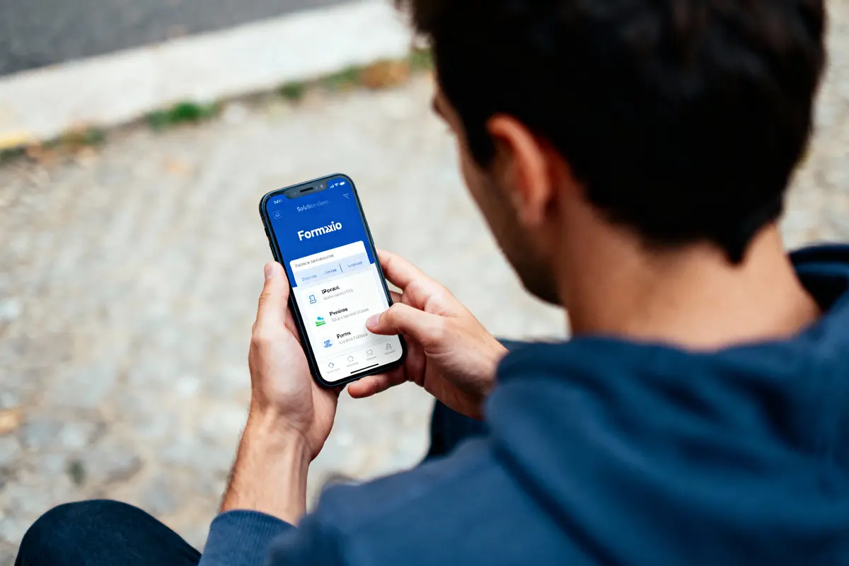 Homme utilisant une application de gestion organisationnelle sur smartphone, assis à l'extérieur.