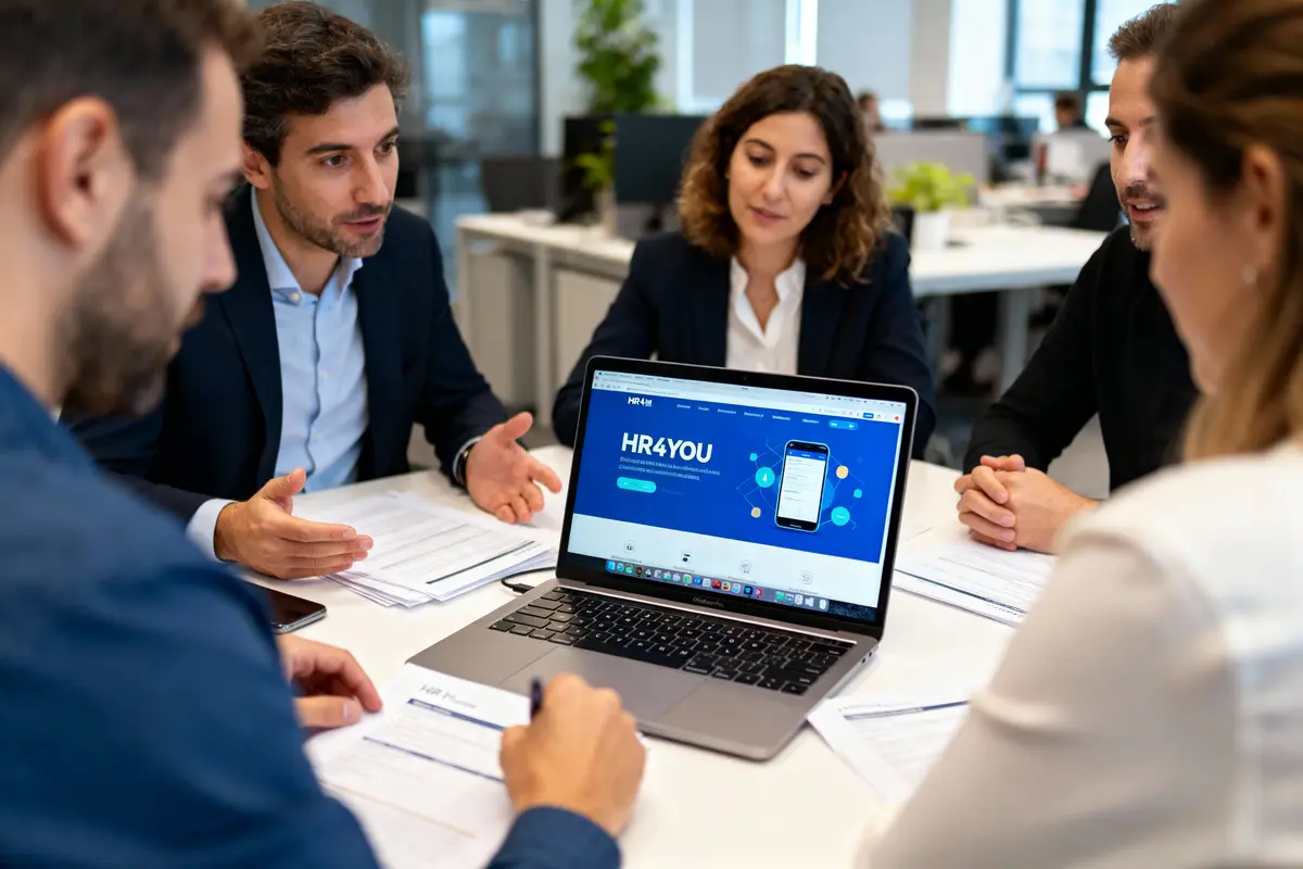 Personnes en réunion autour d'un ordinateur portable affichant site "HR4YOU" dans un bureau moderne.