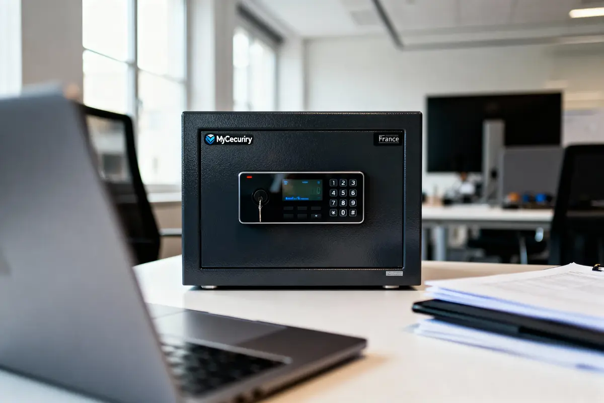 Coffre-fort MyCecurity sur bureau avec ordinateur portable et documents à proximité, intérieur bureau moderne.