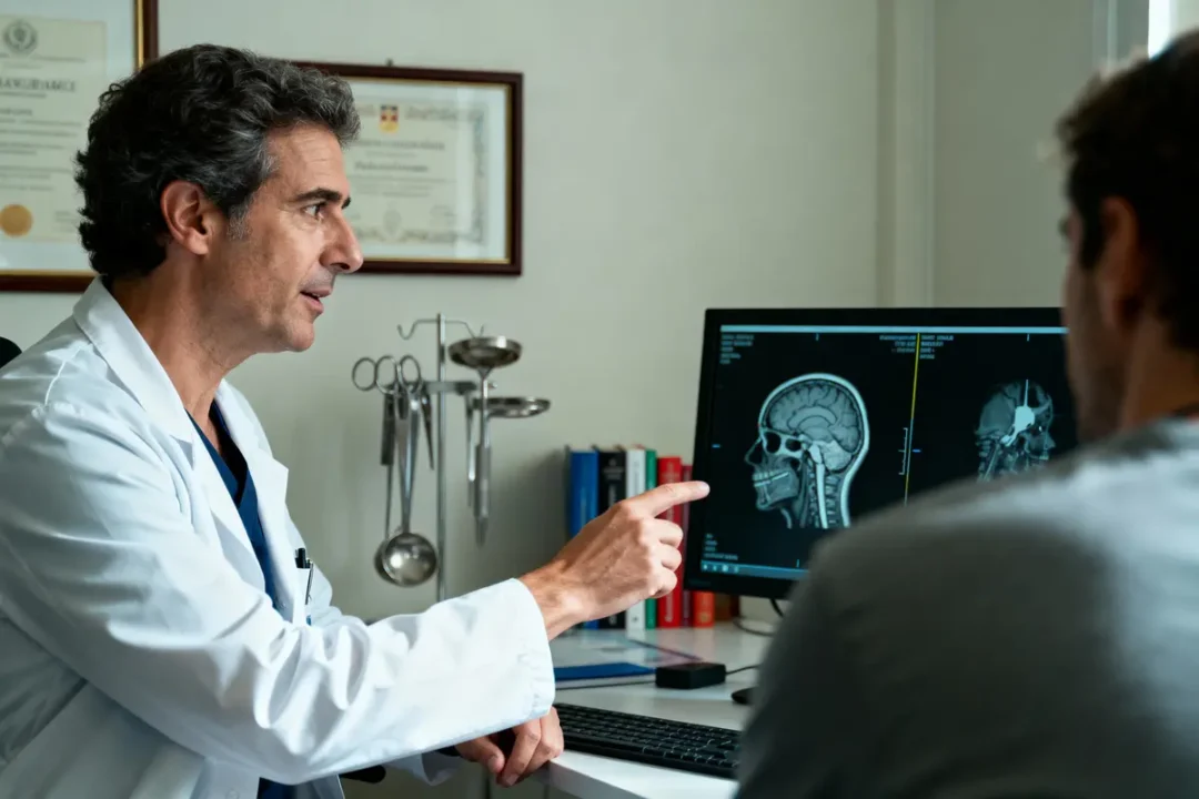 Médecin discutant de scans cérébraux avec un patient dans un cabinet médical.