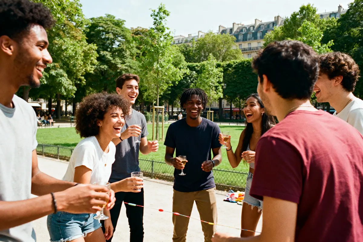 Groupe d'amis joyeux discutant et riant ensemble dans un parc verdoyant sous le soleil.