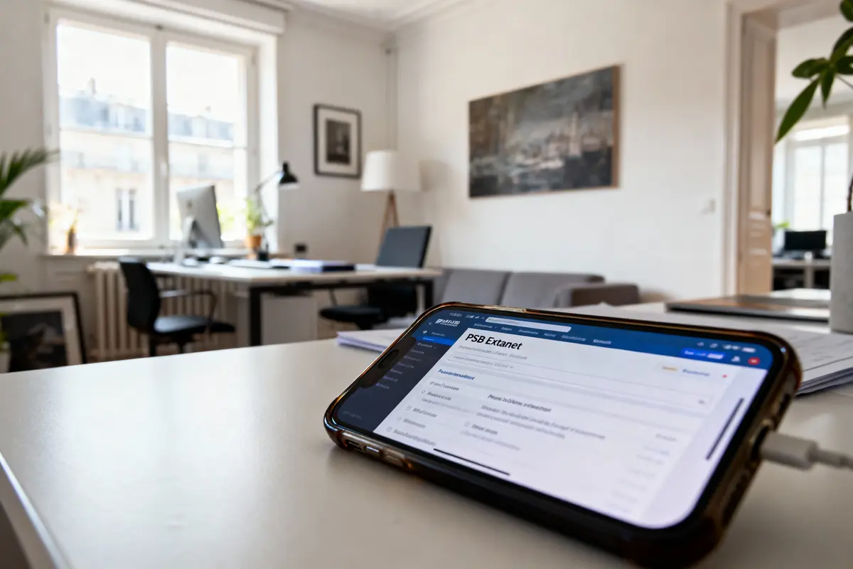 Smartphone affichant PSB Extranet, bureau lumineux avec ordinateur, lampes et plantes, fenêtre en arrière-plan.
