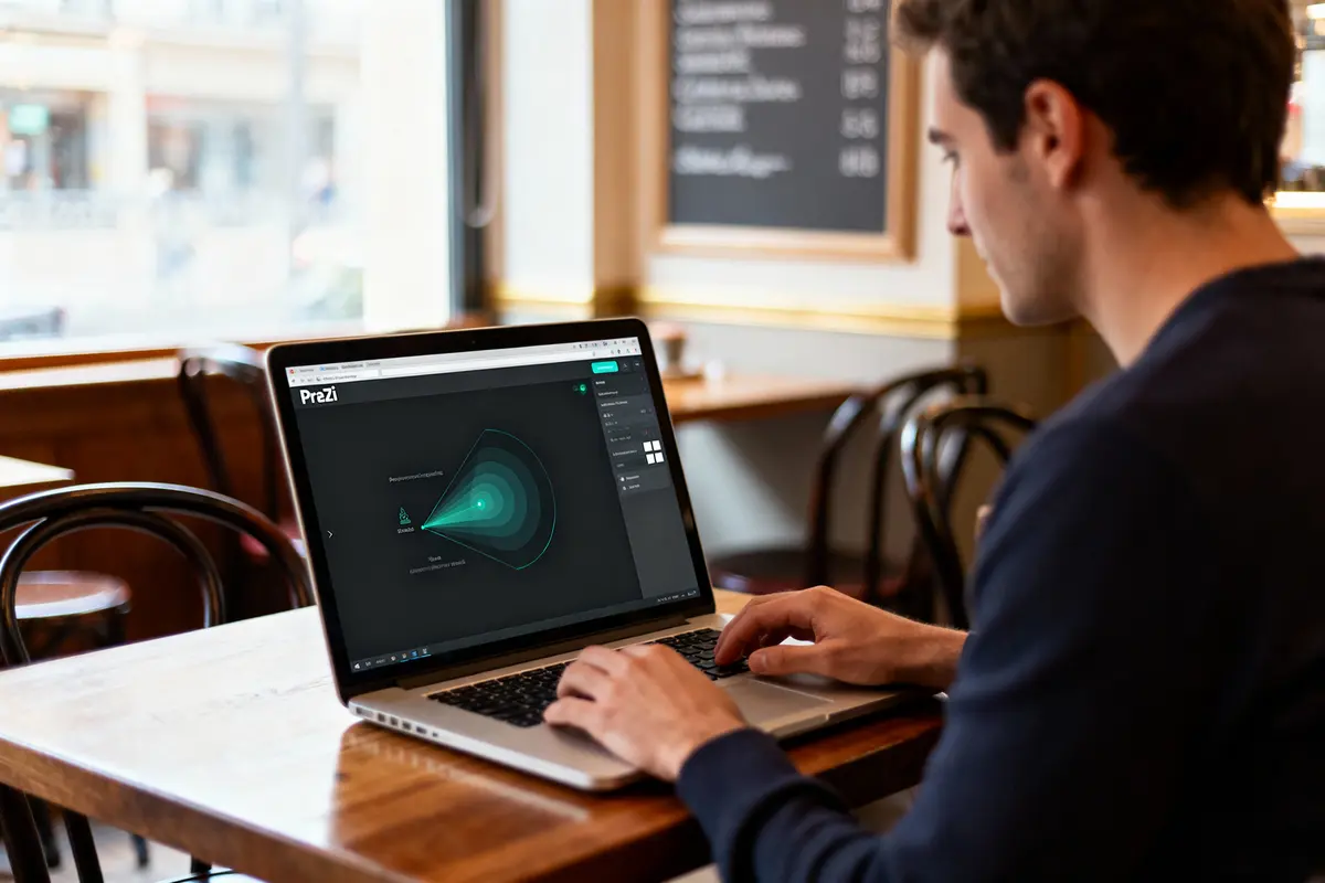 Personne utilisant un ordinateur portable dans un café, affichant une présentation Prezi à l'écran.