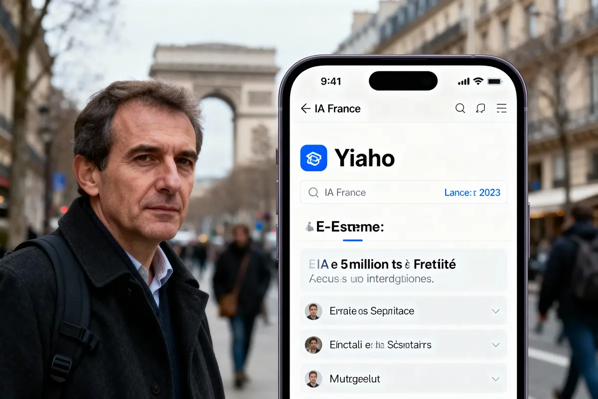 Homme avec smartphone affichant application, arrière-plan Arc de Triomphe flou, rue parisienne animée.