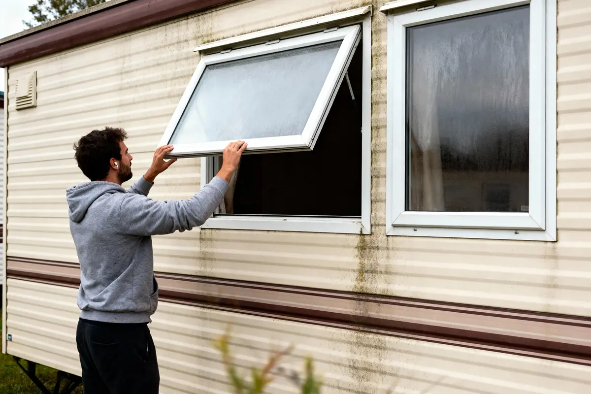 Un homme ouvre la fenêtre d'une caravane en portant un sweat à capuche gris et des écouteurs.