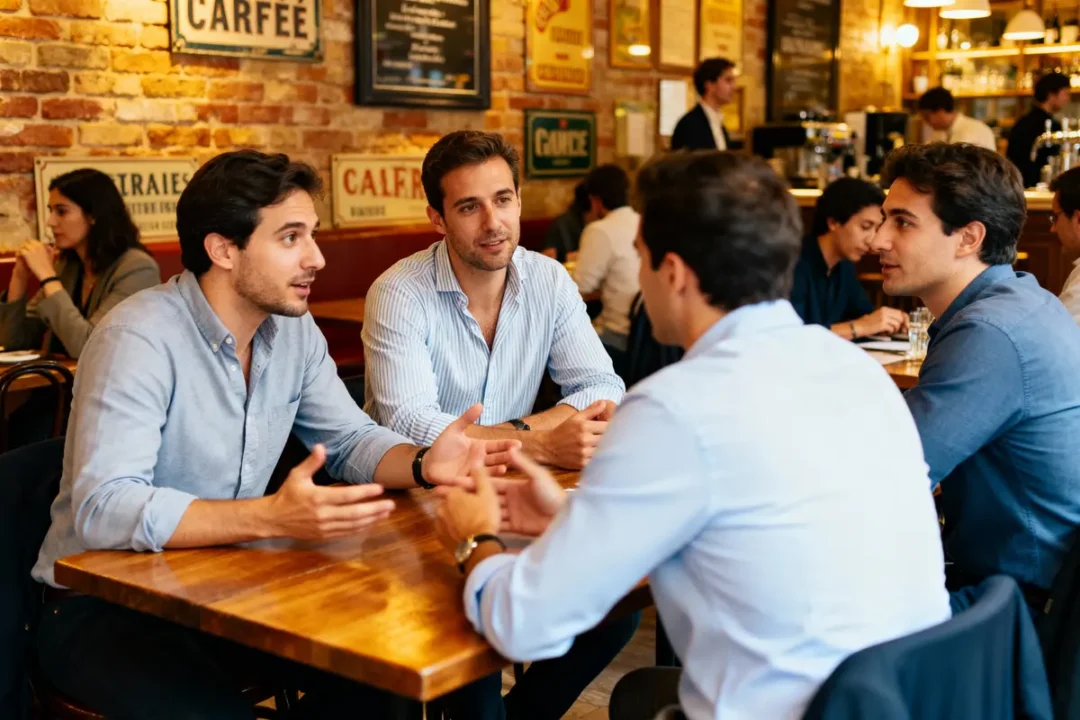 Quatre hommes discutant à une table dans un café animé, avec fond de murs en briques et affiches colorées.