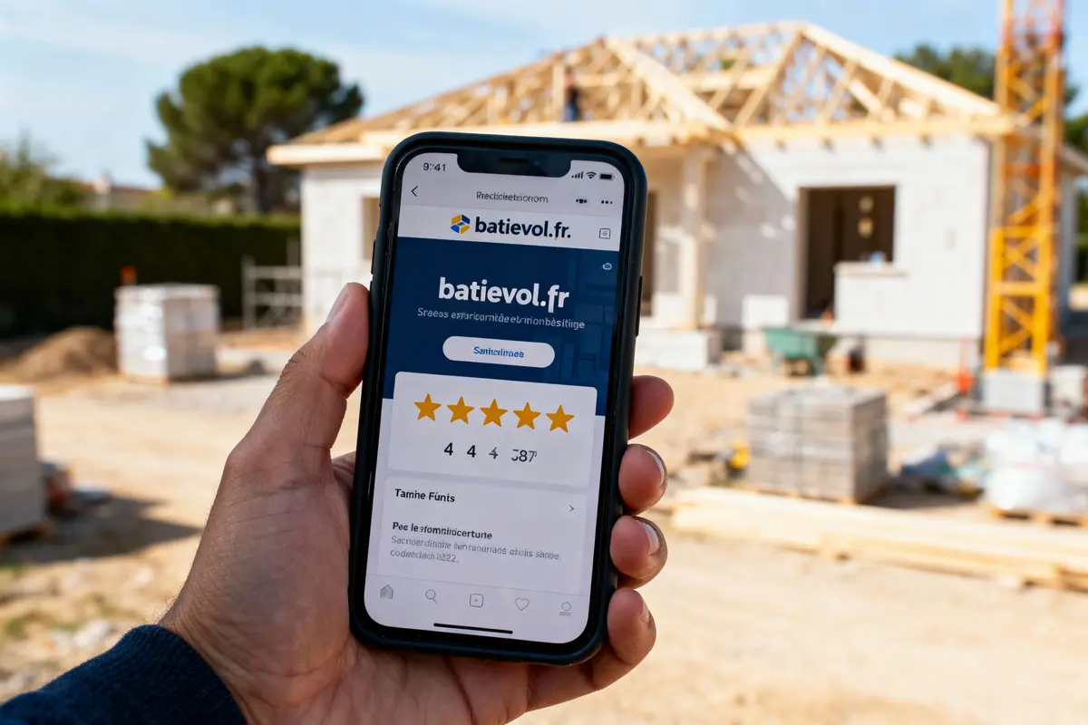 Smartphone affichant un site de construction, arrière-plan chantier de maison en construction.