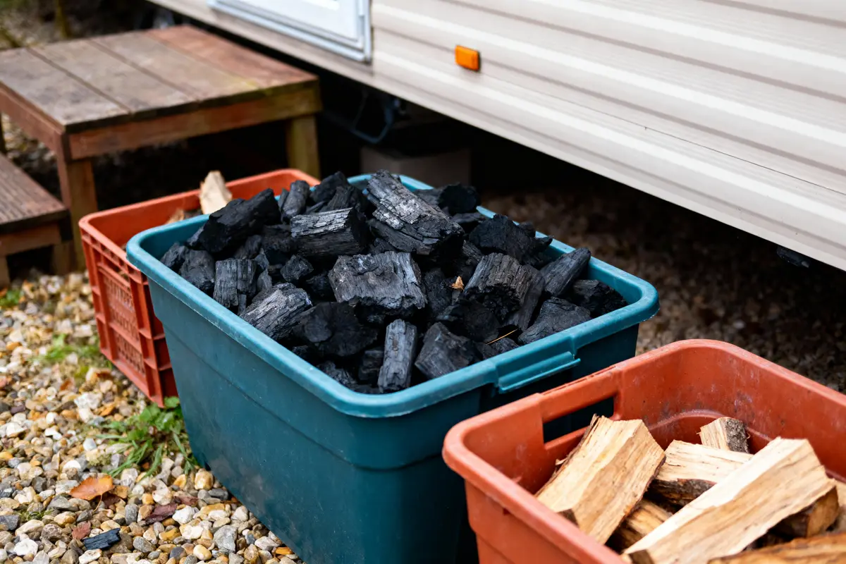 Deux bacs en plastique avec charbon et bois, près d'une caravane. Terrasse en bois à gauche.