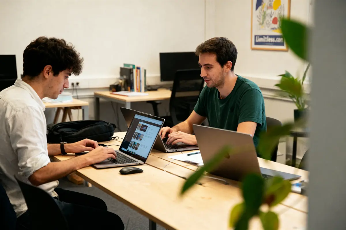 Deux personnes travaillent sur des ordinateurs portables dans un bureau moderne avec plantes et affiches.