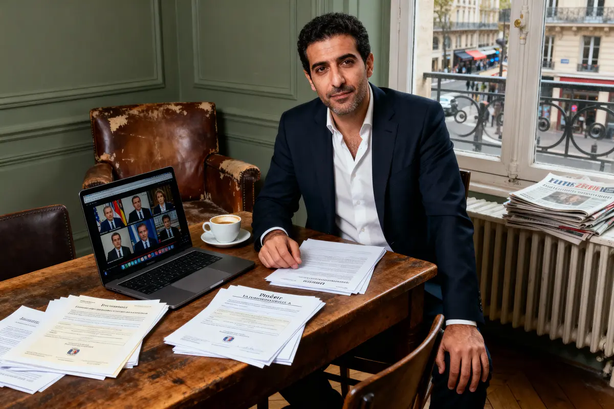 Homme en costume assis à un bureau avec ordinateur, documents, tasse de café, fenêtres, intérieur élégant.
