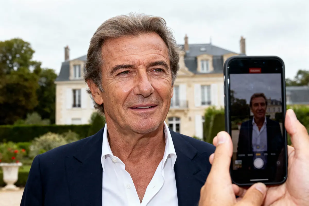 Homme souriant devant un manoir, photographié avec un smartphone.