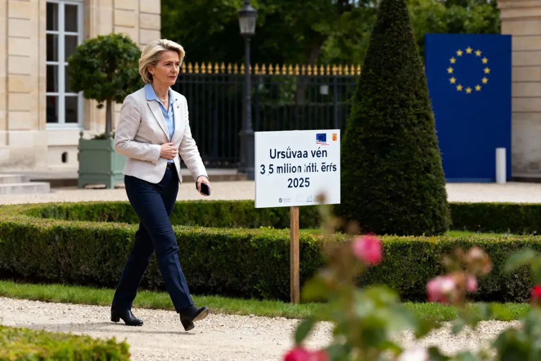 Femme marchant à l'extérieur, pancarte avec texte européen, jardin, bâtiment en arrière-plan.