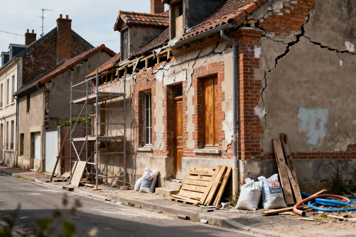 Vieille maison en rénovation avec échafaudage, murs fissurés, sacs de gravats et planches de bois devant.
