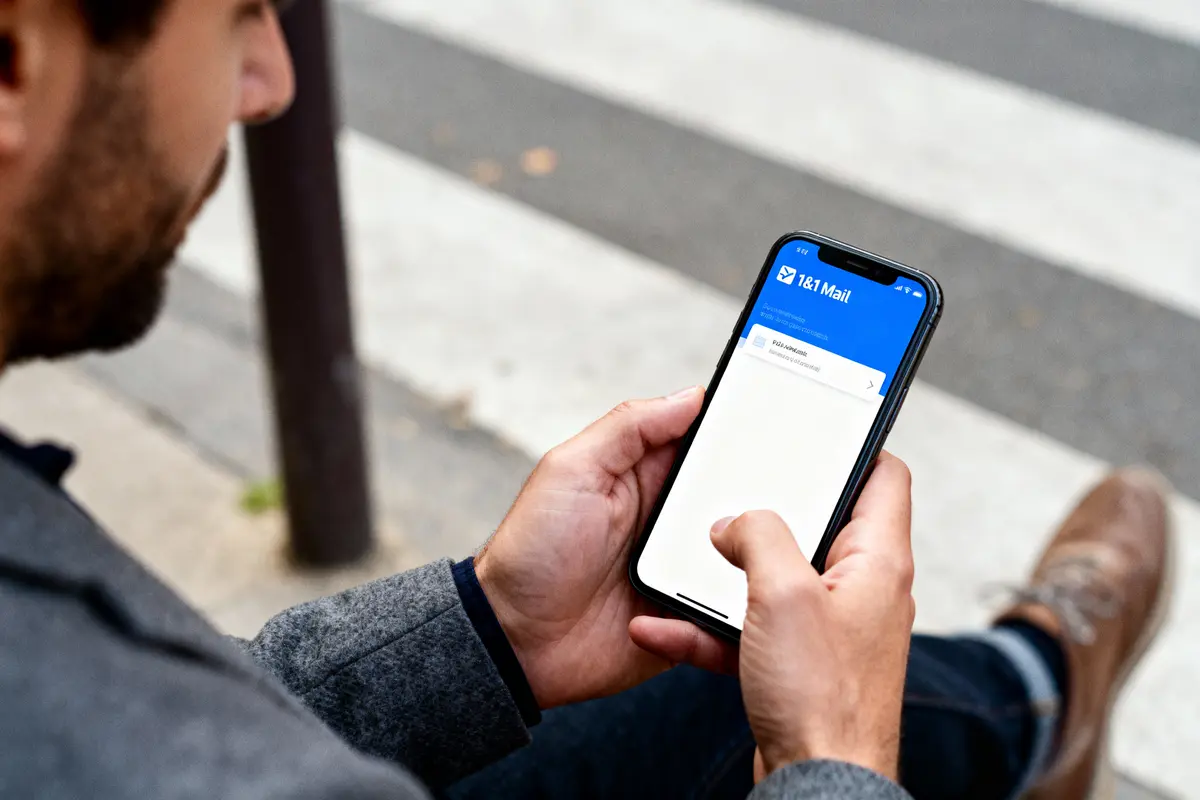 Homme utilisant un smartphone affichant 161 emails non lus, en extérieur près d'un passage piéton.