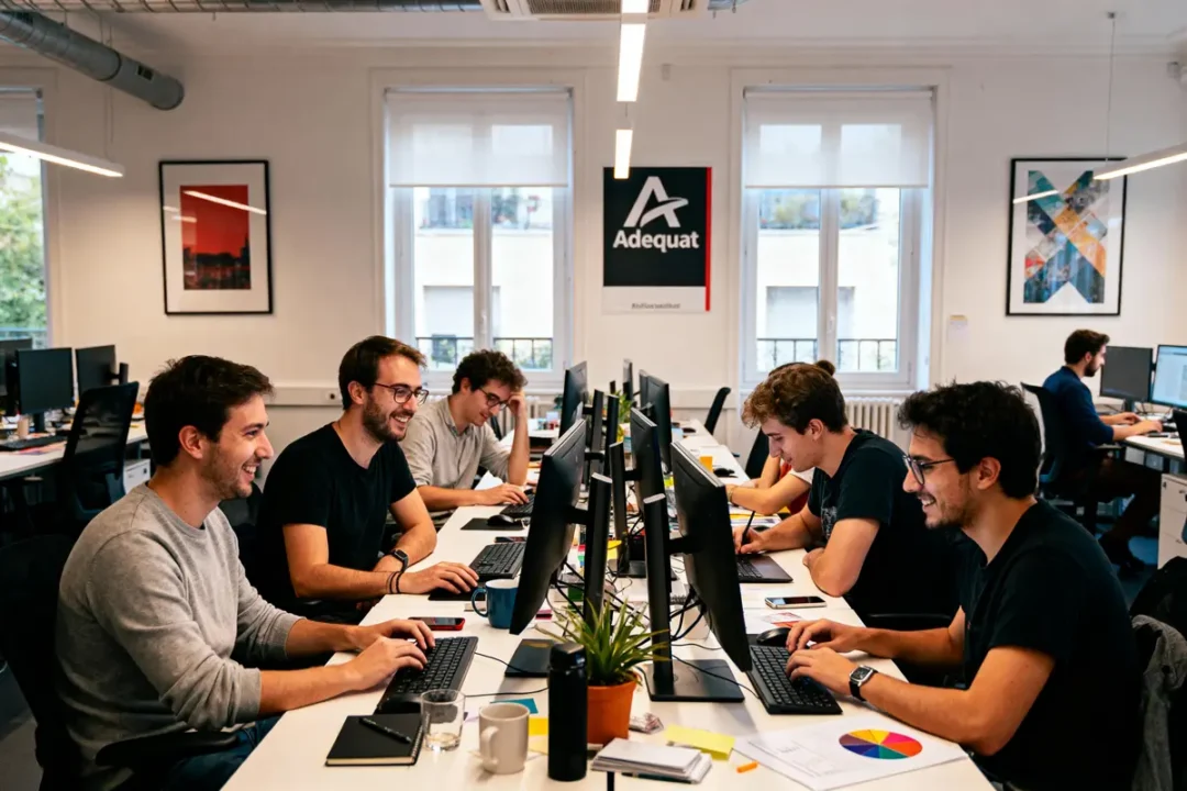Personnes travaillant sur des ordinateurs dans un bureau moderne, atmosphère collaborative et professionnelle, plantes sur les bureaux.
