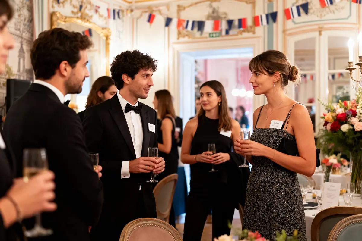 Personnes élégantes discutant lors d'une réception dans une pièce ornée de drapeaux et de décorations florales.
