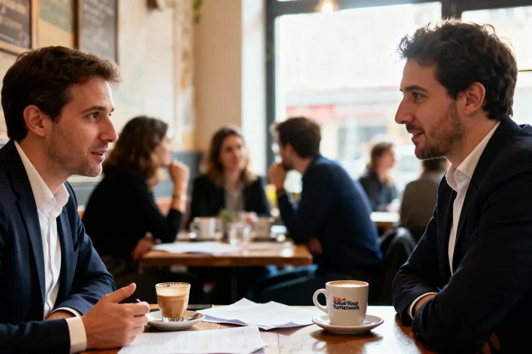 Deux hommes discutent dans un café, devant des boissons chaudes, avec d'autres personnes en arrière-plan flou.