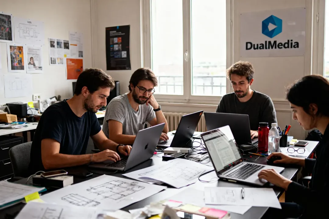 Quatre personnes travaillent sur des ordinateurs portables dans un bureau avec des documents et affiches techniques.