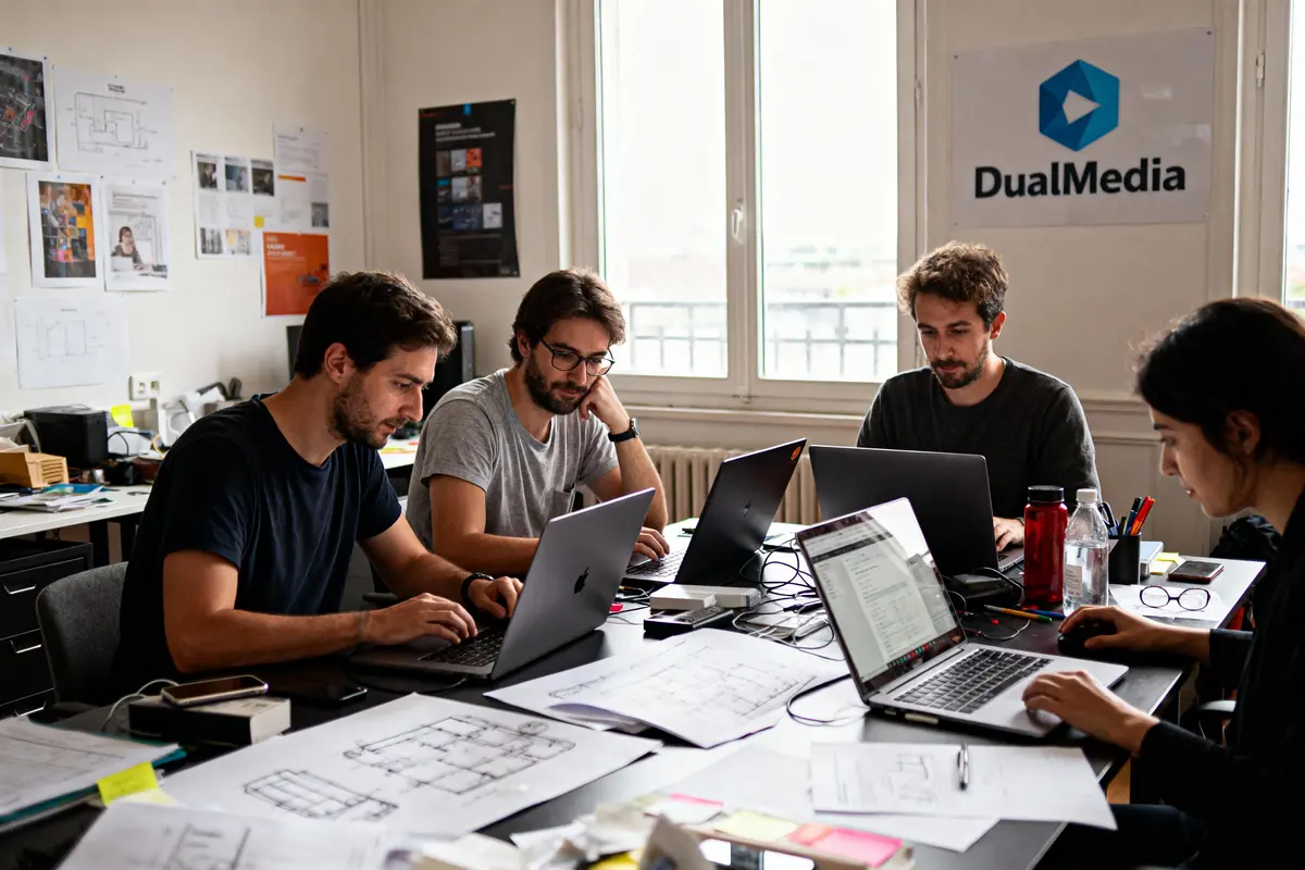 Quatre personnes travaillent sur des ordinateurs portables dans un bureau avec des documents et affiches techniques.