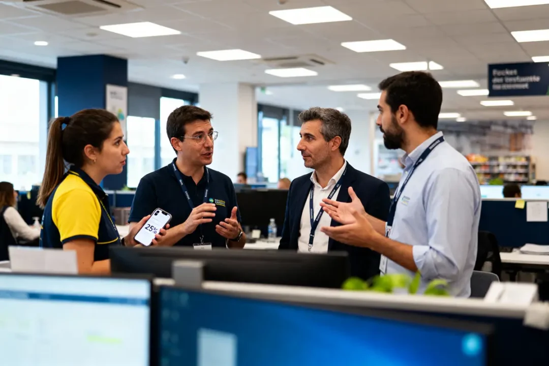 Quatre personnes discutant dans un bureau moderne, l'une tenant un smartphone affichant "25%".
