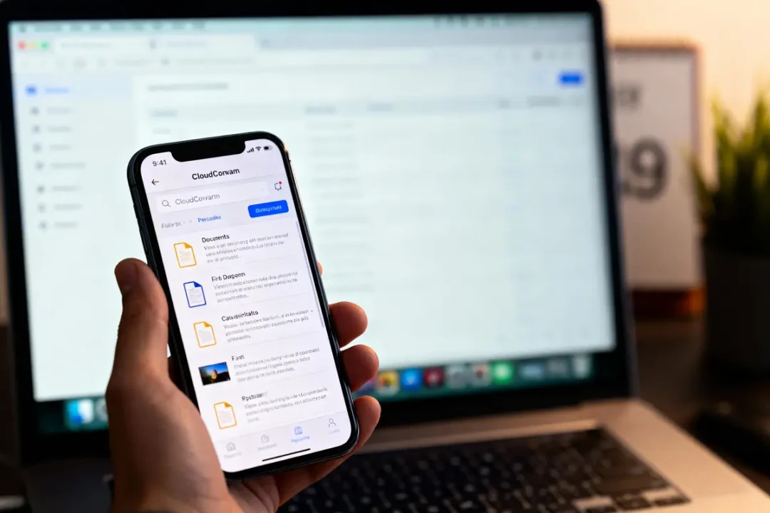 Personne tenant smartphone devant ordinateur portable, affichant application CloudConvam avec des documents et fichiers.