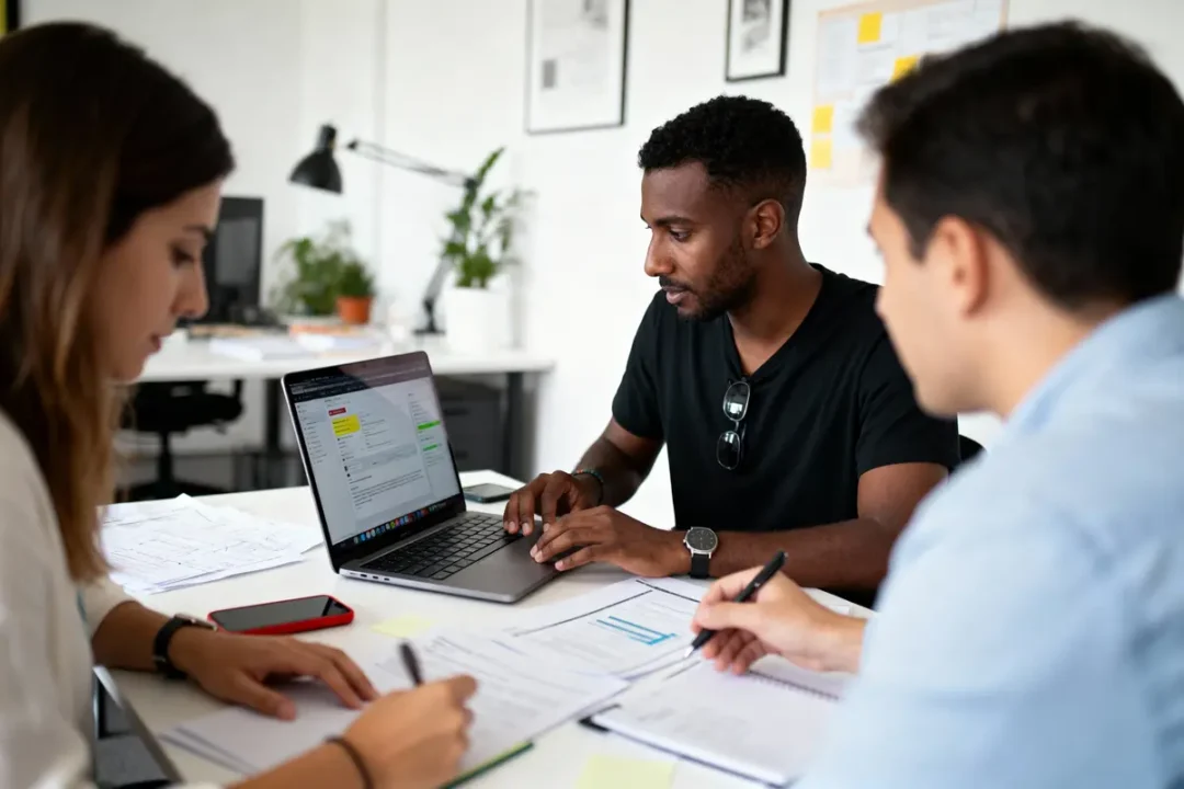 Trois personnes collaborent autour d'un ordinateur portable et de documents dans un bureau lumineux et moderne.