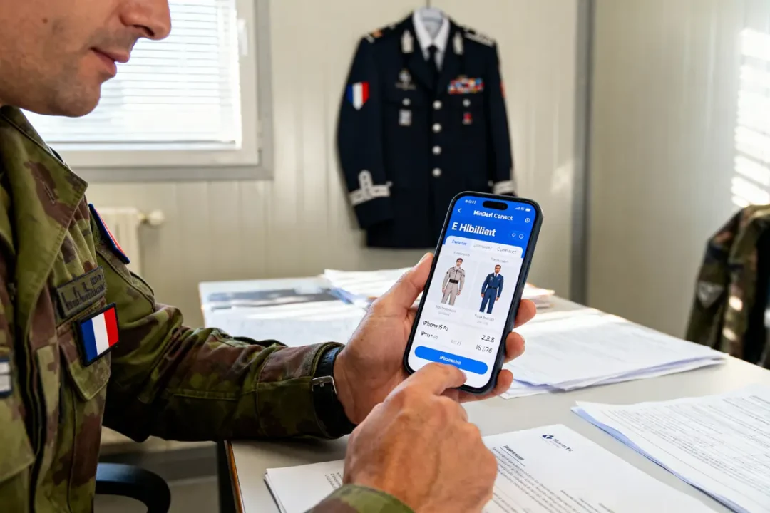 Un militaire consulte une application de sélection d'uniformes sur smartphone, bureau avec documents en arrière-plan.