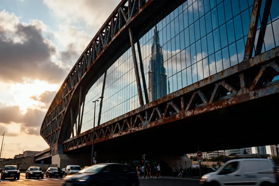 Pont métallique réfléchissant gratte-ciel, voitures circulant, ciel partiellement nuageux avec soleil éclatant à l'horizon.