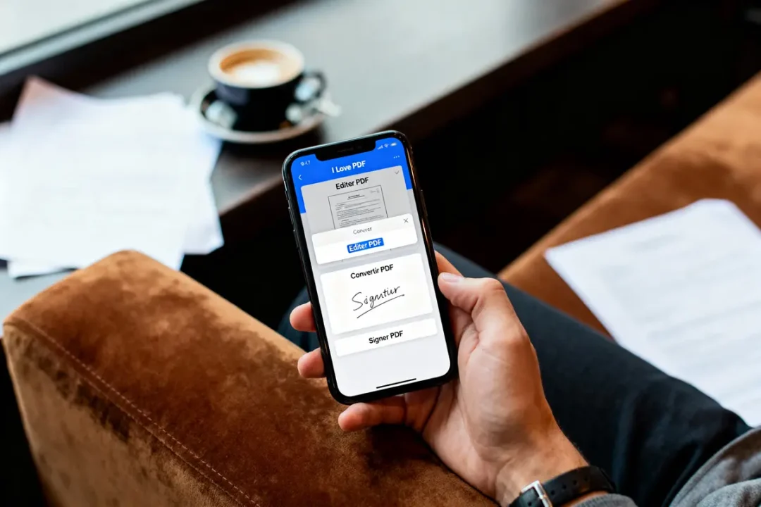 Personne tenant un smartphone affichant l'application "I Love PDF" pour éditer et signer des documents, café à proximité.